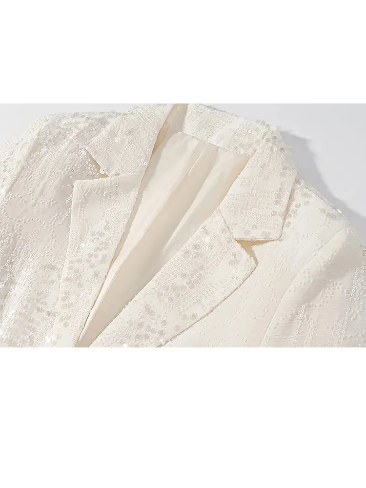 HH Women Fashion Versatile Lapel Sequined Long Sleeves Pockets Single-breasted Blazer+High Waist Casual Wide-leg Pants Suit