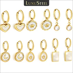 LUXUSTEEL Stainless Steel Geometric White Shell Hoop Earrings For Women Heart Round Square Shape Bee Moon Crown Daily Jewelry