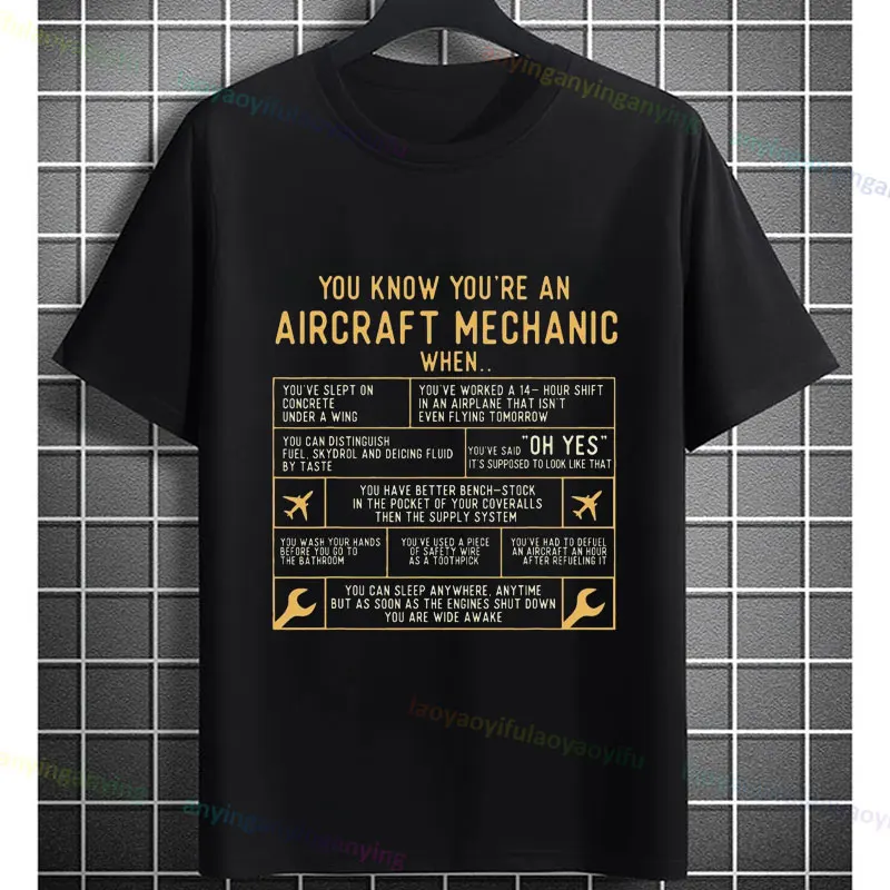 เสื้อยืดกราฟิกช่างอากาศยานสำหรับผู้ชายผ้าฝ้ายแท้แขนสั้นเสื้อยืดลำลองแนวสตรีทสำหรับผู้เชี่ยวชาญด้านการบำรุงรักษาเครื่องบิน