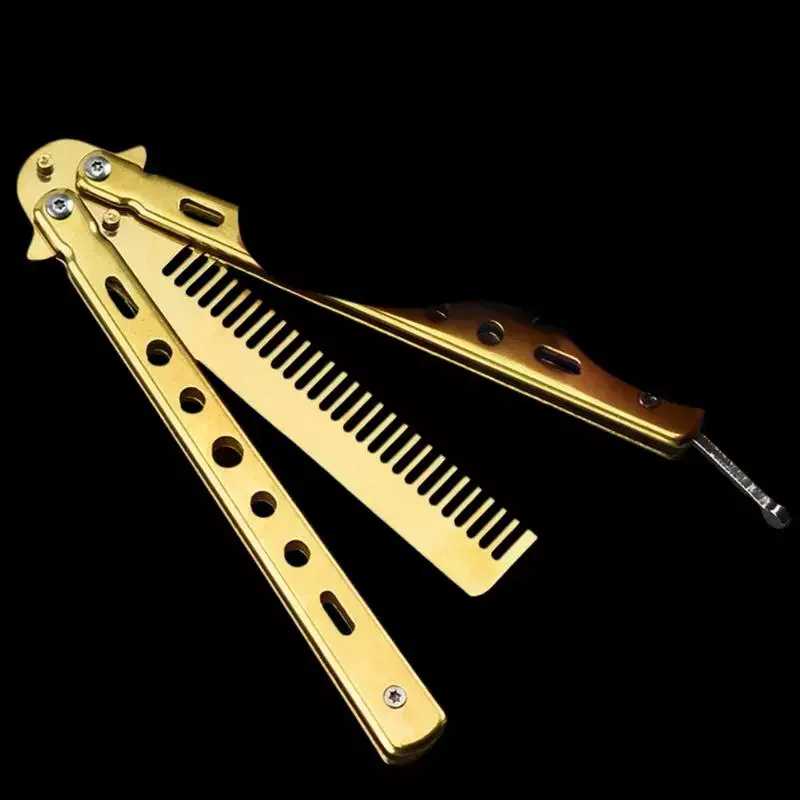 1Pcs Stainless Steel Practice Training Butterfly Knife Comb Beard Moustache Brush Salon Hairdressing Styling Tool Foldable Comb