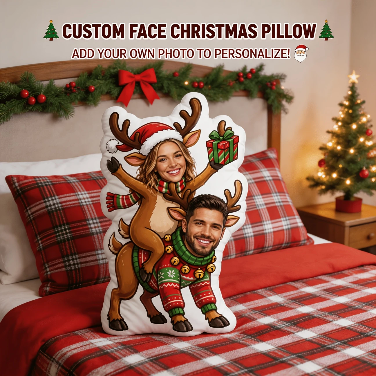 Custom Couple Photo Shaped Pillow, Funny Christmas Reindeer Costume Personalized Decorative Cushion, Unique Home Decor Gift for