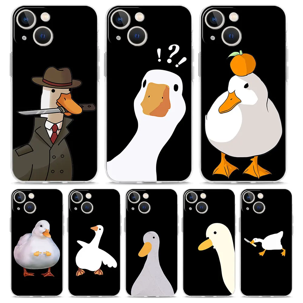 Cartoon Doubt Duck Transparent Phone Case For iPhone 15 16 14 13 12 11 Pro Max XS X XR SE 7 8 Plus TPU Clear Lens Protect Cover