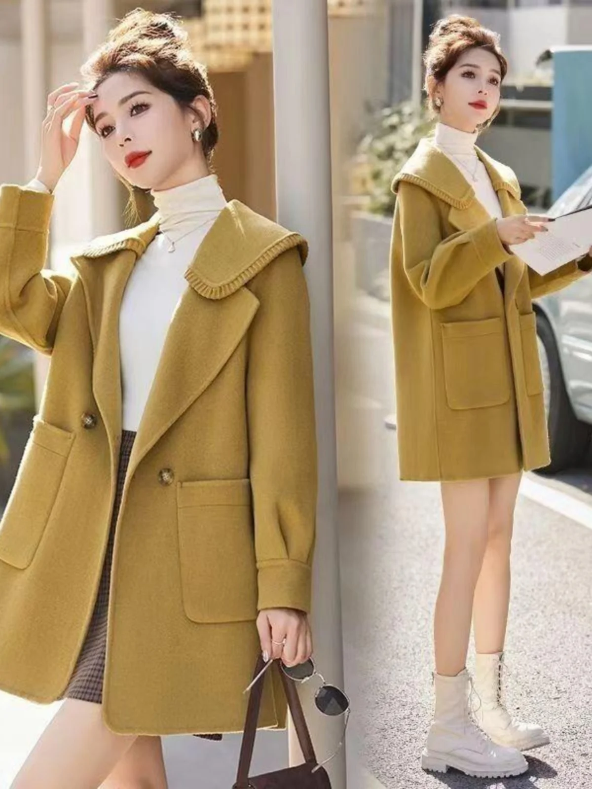 معاطف مزيج الصوف المرأة معطف الصوف الأحمر الخريف المخلوطة اللون حجب الوقوف طوق أنيقة ناضجة النمط الكلاسيكي مكتب سيدة #5