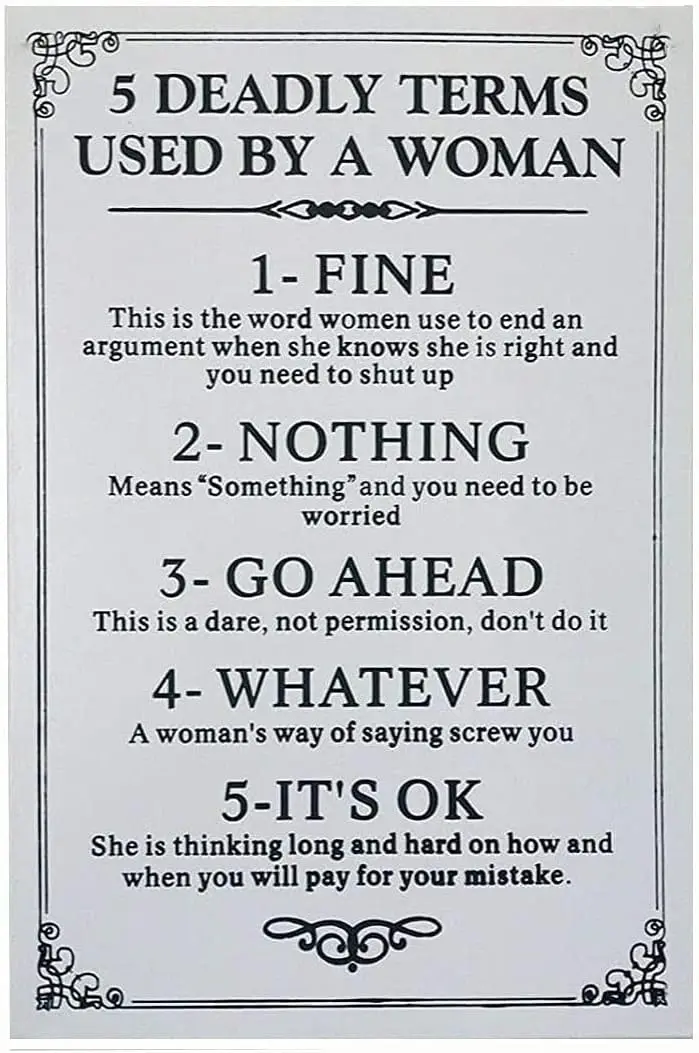 Funny Novelty Metal Hanging Sign 5 Deadly Terms Used By A Woman Pub Club Cafe Bar Home Wall Art Decoration Poster Retro Home Liv