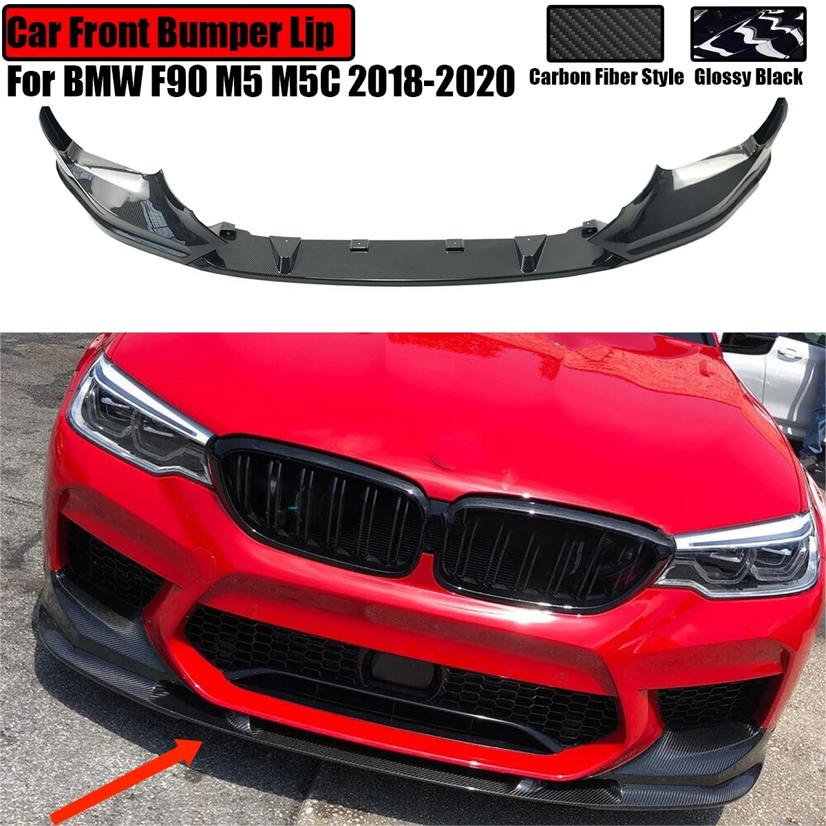 Car Front Bumper Lip Spoiler Side Splitter Diffuser Guard Trim Glossy Black Carbon Fiber Look For BMW F90 M5 M5C 2018-2020