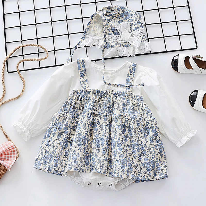 2024 New Spring Autumn 0-24M Baby Girls Clothing Infant Baby Girls Jumpsuit+Hat Long Sleeved Cotton Printed Splicing Bodysuits