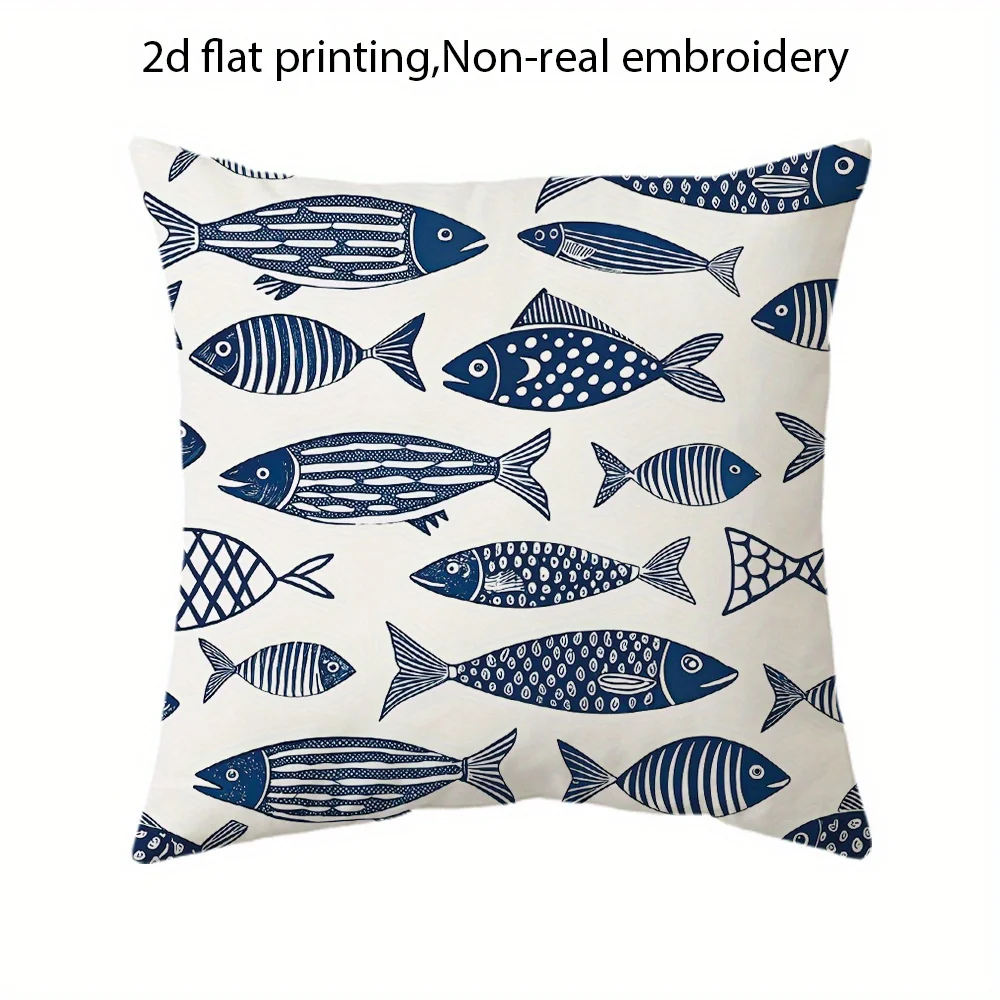 Double-sided 1pc 2D Bohemian Fish School Pillowcase with Zipper, Featuring a Geometric Fish Pattern in Black and White Design. Suitable for Living Room, Patio, Sofa, Outdoor Decoration. No Filler Included. Fish Decor, Patio Decor, Modern Decor