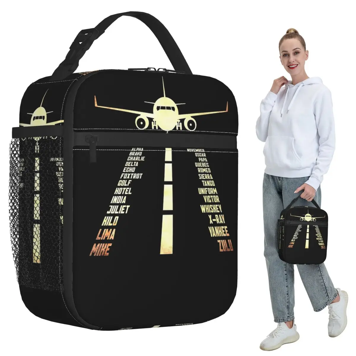 Airplane Airstrip Phonetic Alphabet Insulated Lunch Bag Office Cooler Thermal Food Box Tote Leakproof Lunch Boxes Container