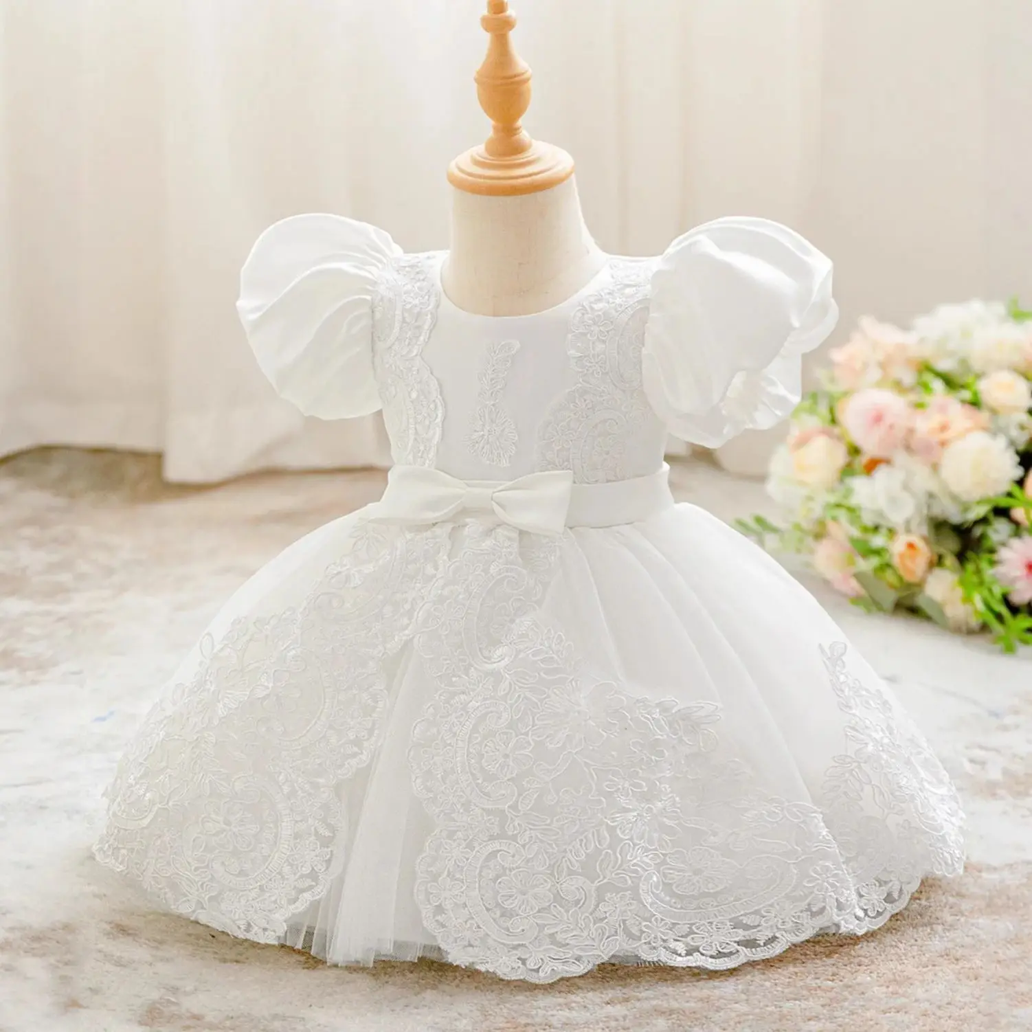 Meninas puff mangas rendas bordado vestido de princesa para a criança crianças aniversário batismo pageant cerimônia festa de casamento vestido inchado