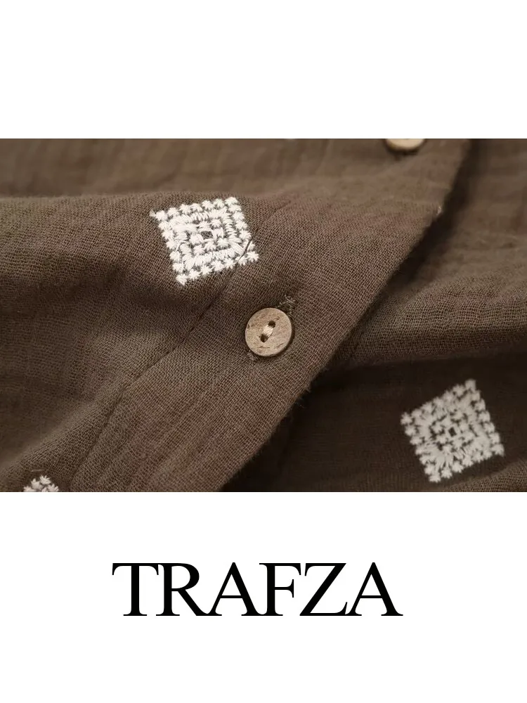 TRAFZA-Blusa bordada para mulher, colarinho baixo, peito único, manga comprida, lapela, cidade estampada, moda elegante, verão