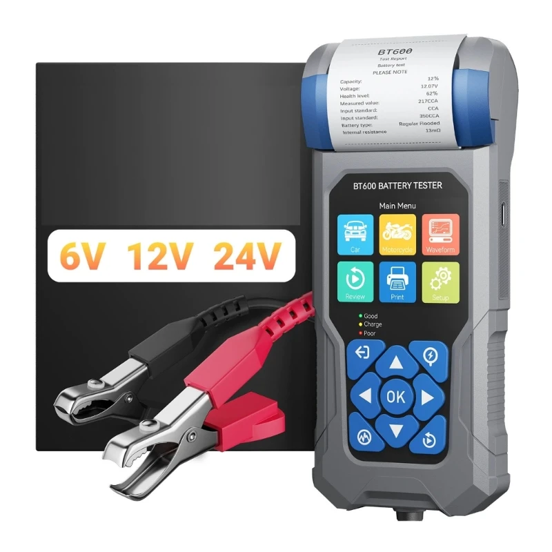 Car Battery Tester 6V 12V 24V with On-Device Printer, Color Screen, Battery and Charging System Diagnostic Tool for Vehicle D7YA