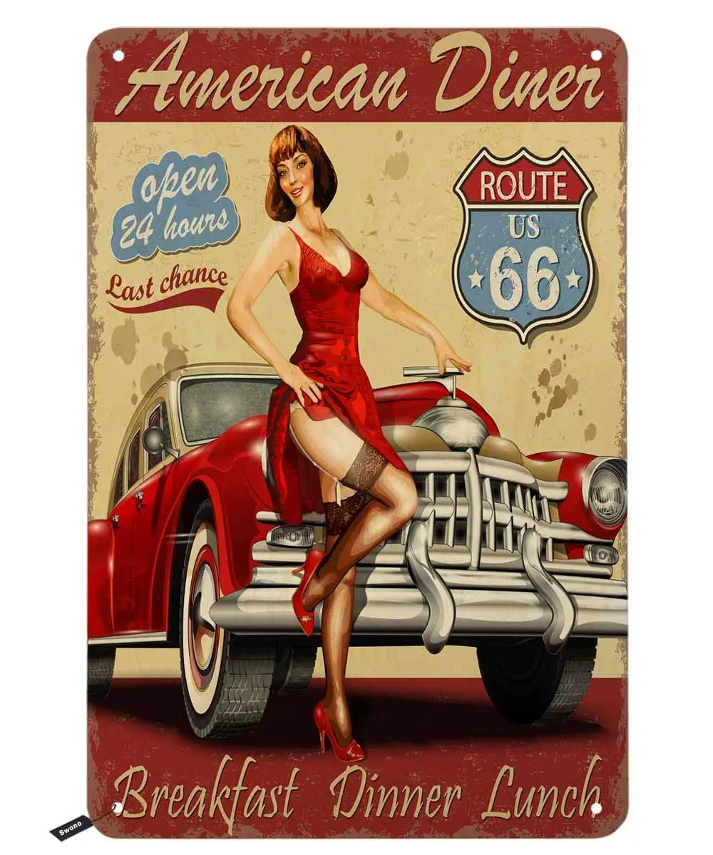 Swono American Diner Route US 66 Tin Signs,Open 24 Hours Breakfast Dinner Lunch Vintage Metal Tin Sign for Men Women,Wall D sign