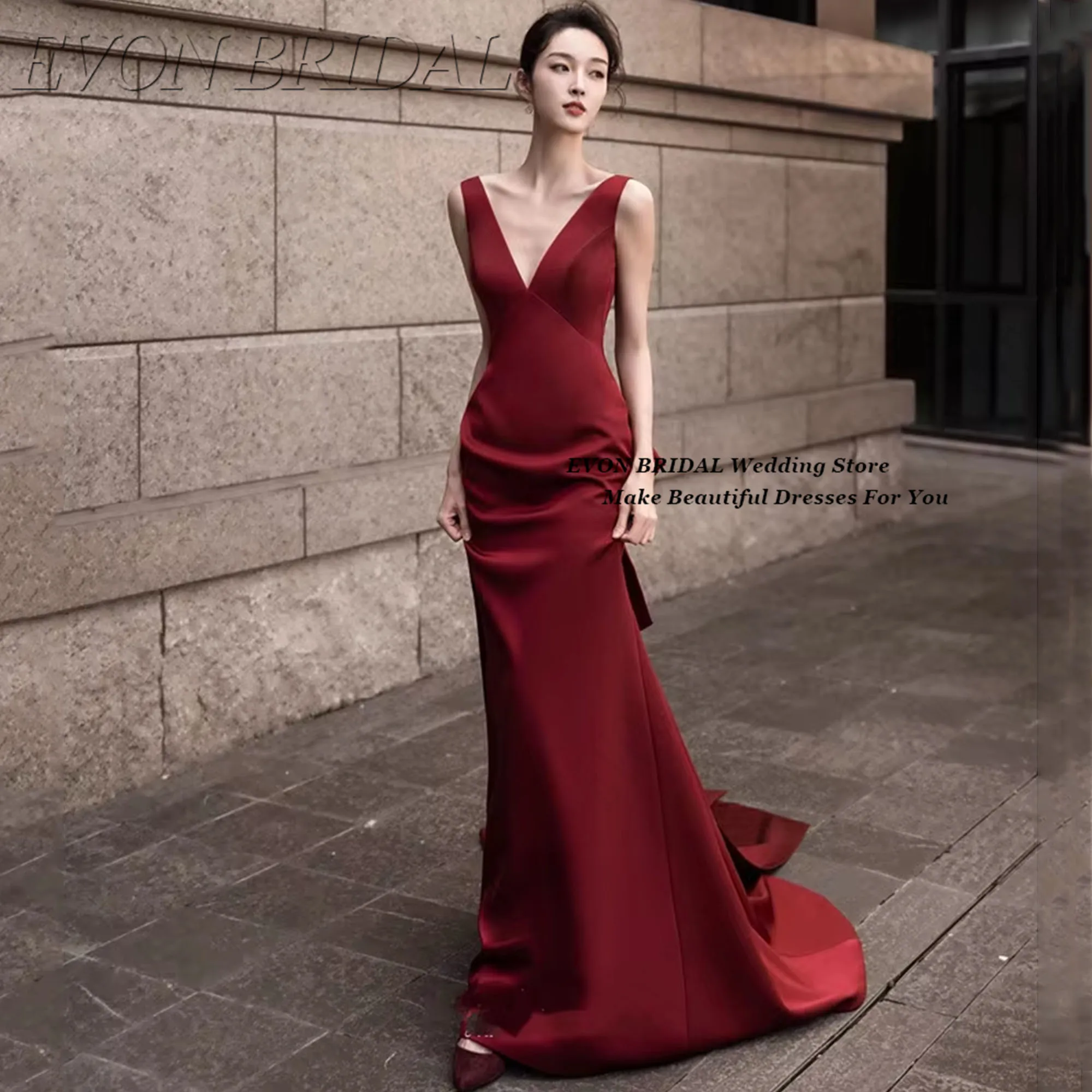 

Back Bow Long Evening Dress Spaghetti Straps Formal Celebrity Prom Gowns Small Train robes de soirée EVON BRIDAL Customized