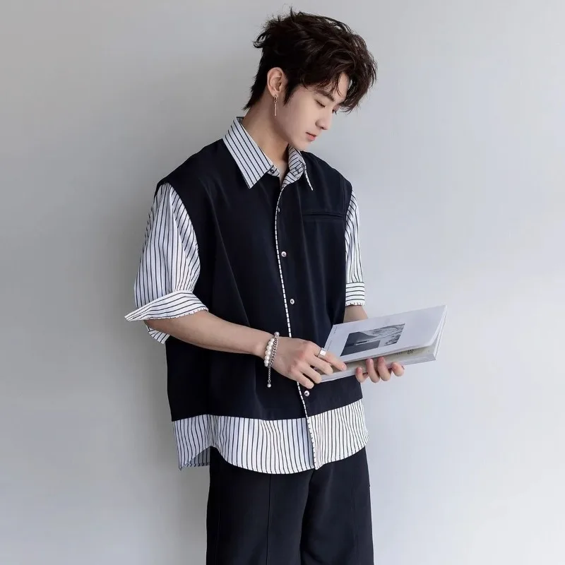 Men's 2026 Summer New Striped Splicing Short Sleeve Shirt Fashion Design Casual Loose Fit Streetwear Top