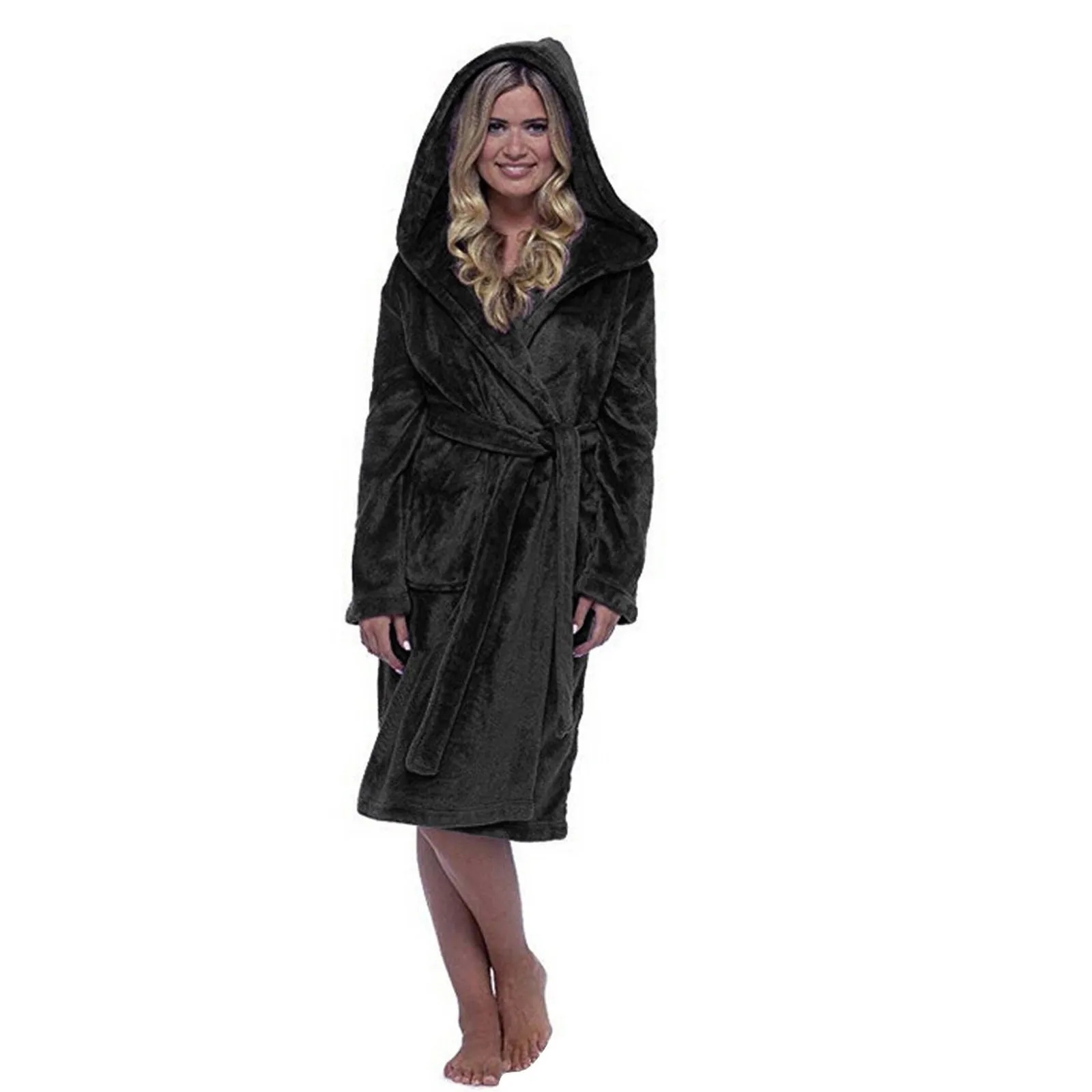 Women Winter Coat Jacket Plush Lengthened Shawl Bathrobe Home Clothes Long Sleeved Robe Hooded Warm Night Gown Women Pajamas