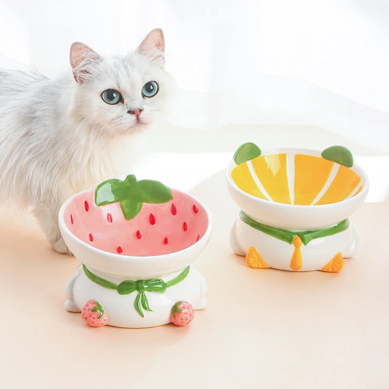 Cat Bowl Ceramic Food Bowl Neck Protection Oblique Mouth Protection Cervical Neck Drinking Dog Bowl Fruit Shaped High Foot