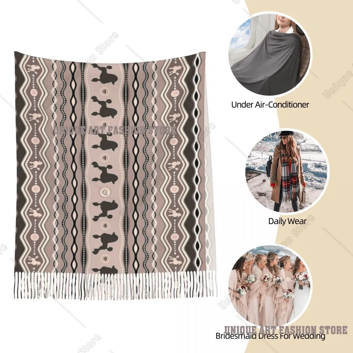 タッセル付きレディーススカーフ プードルラブドッグ ロングソフトウォームショールラップ コッカプードルアニマル デイリーウェア カシミアスカーフ