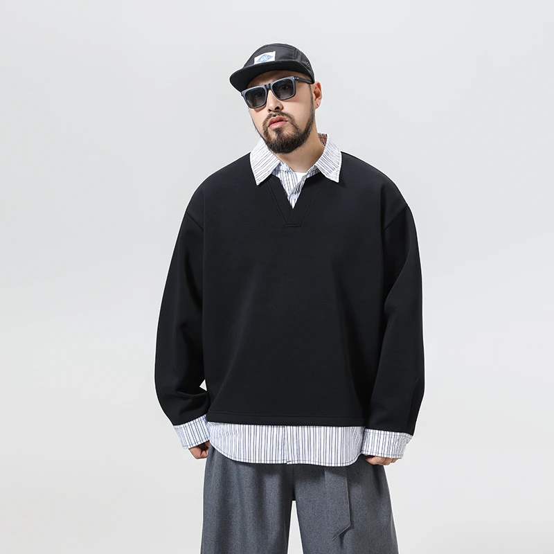 Autumn Splice Stripe Shirt Collar Oversize Sweatshirt Men Loose Casual Streetwear Fashion Pullover Sweatshirts Hoodie Tops