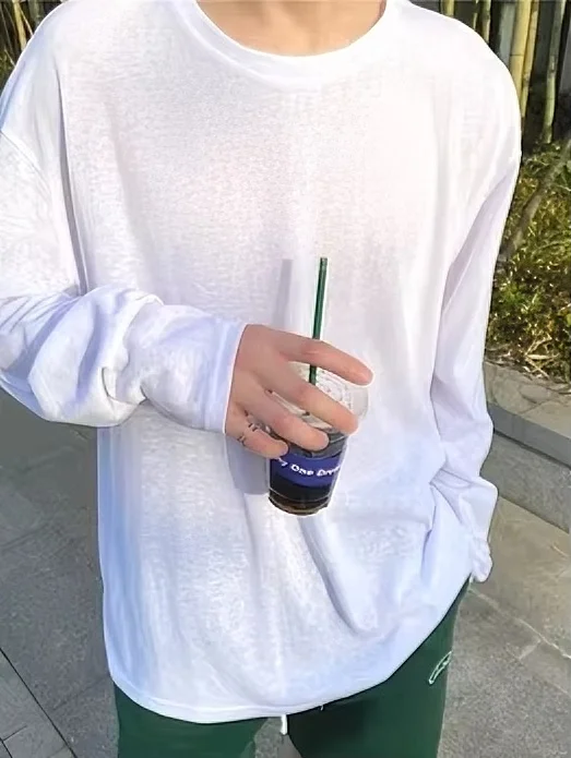 Unisex Lightweight Polyester Sheer White Loose Long Sleeve Tee  Daily Streetwear Oversized Crew Neck Shirt