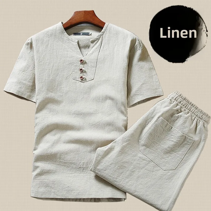 

Lin Men ort Sve Men's T-irt Set Summer Thin Sle Loose Casual Cotton Lin Slim Fit Spring 2024 Faion