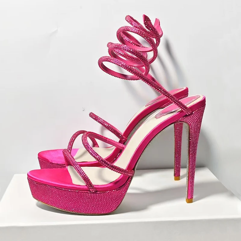 Sandalias de plataforma con decoración de diamantes de imitación brillantes para mujer, Sandalias de tacón súper alto con forma de serpiente, zapatos sexis para fiesta y banquete de verano