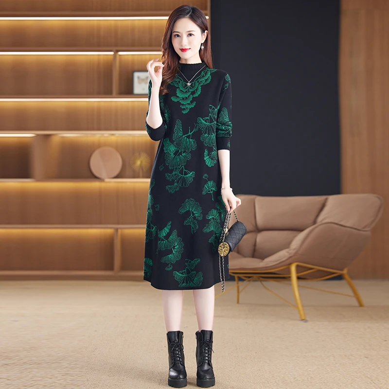 2023 New Autumn Winter Korean Fashion Vintage Thick Knitted Dress Women Elegant Loose Printed Long Sleeve O-neck Dresses