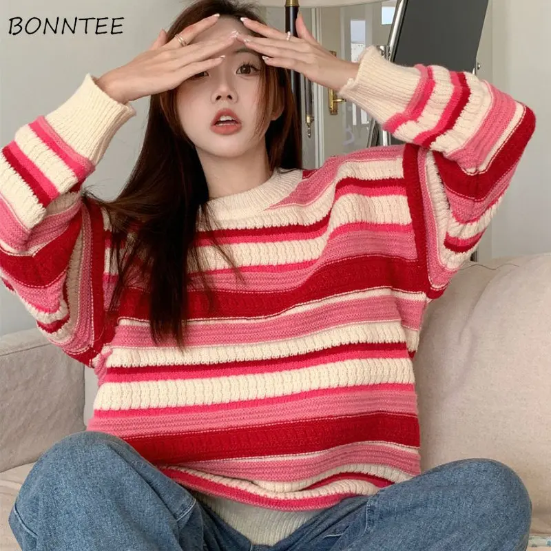 

Pullovers Women Cozy Autumn Striped Baggy All-match Knitting Sweet Panelled Ulzzang Casual O-neck Ins Chic New Students Popular