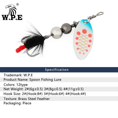 Imagen 2 del producto W.P.E-señuelo de Pesca giratorio, 6g/8g/11g, cuchara de latón, anzuelo triple de Metal, cebo duro, señuelo de lubina, aparejos de Pesca falsos, 1 Uds.
