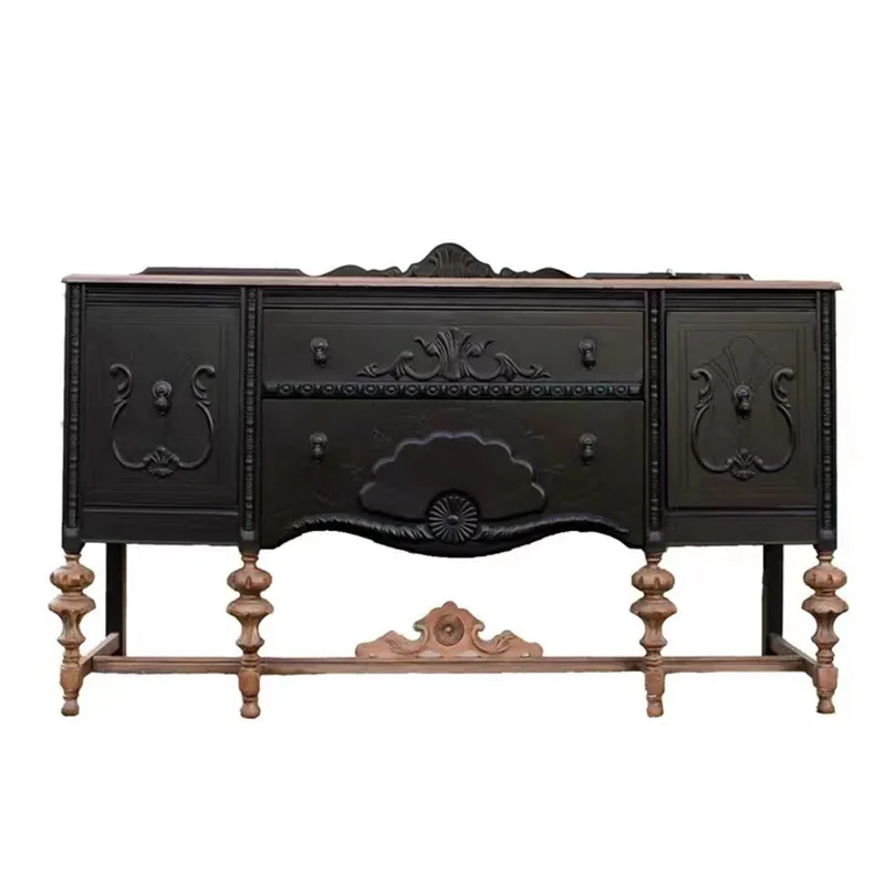 French solid wood retro carved entrance cabinet neoclassical living room storage side cabinet