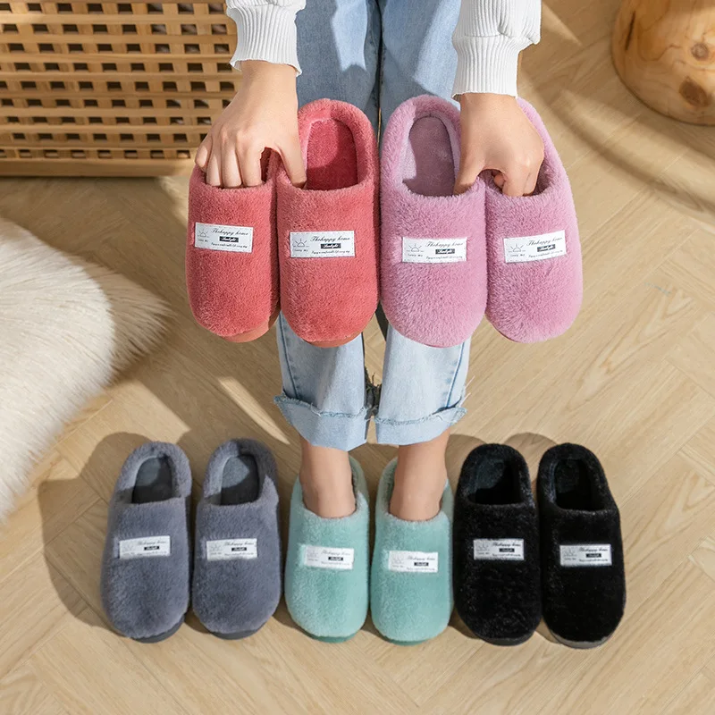 Cotton slippers for women\'s home use in winter indoor anti slip home furnishings for couples winter warmth plush fur for men