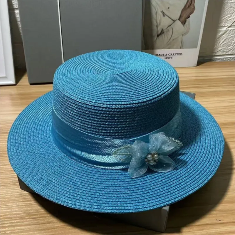 Hand-sewn beaded hats for women's fashionable outings flat-topped elegant Hepburn style