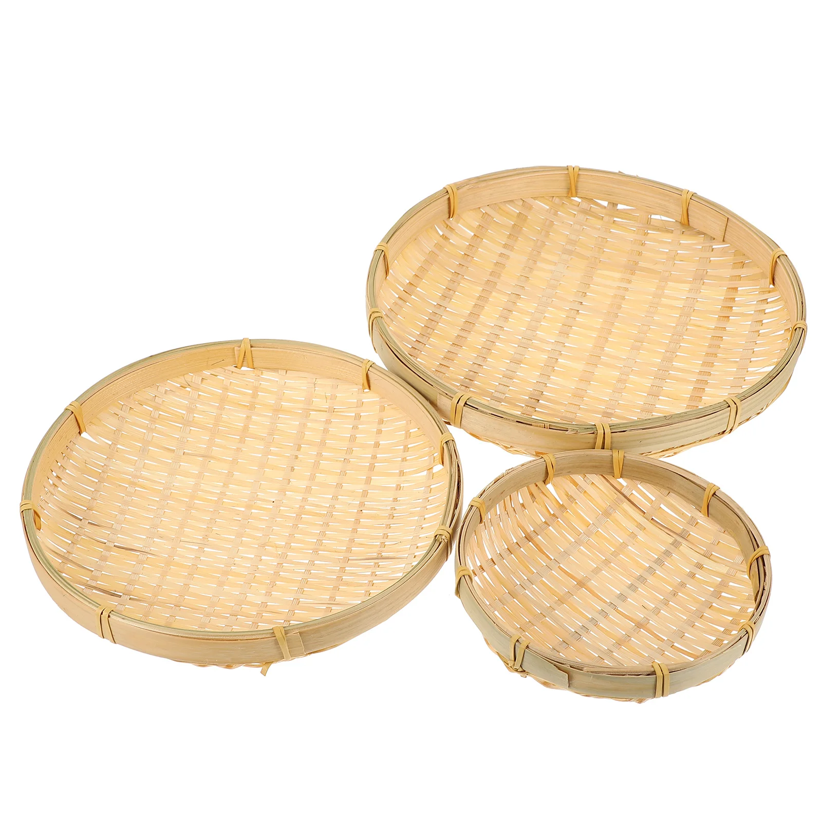3Pcs Bamboo Weaving Sieve Multipurpose Home Food Tray Rustic Storage Basket Handmade Bamboo Tray Woven Storage Holder