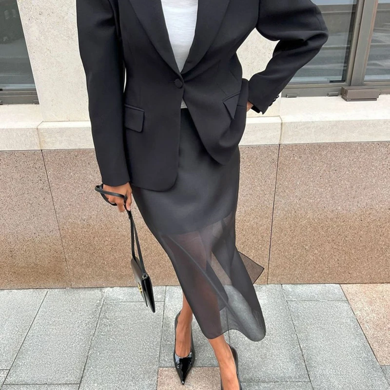 Spódnica damska z wysokim stanem, rozcięciem na biodrze, cienka, luźna, nowa, letnia, czarna, z siateczki Tornova, dwuwarstwowa, seksowna, z efektem prześwitu.