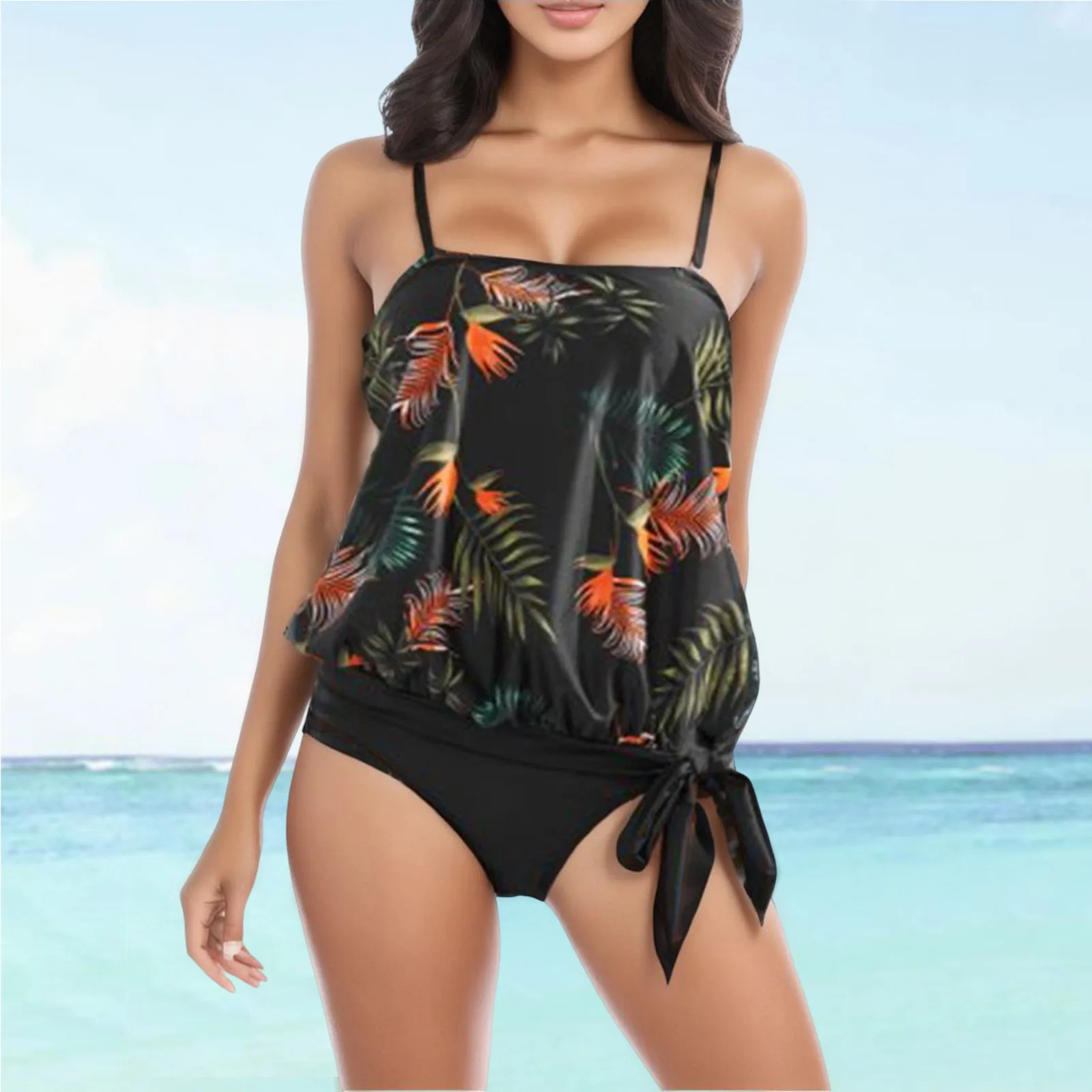 Women Swimsuits Print Split Floral Loose High Waist Fashion Bathing Suit Solid Print Beach Swimwear Bikinis Tankini Summer