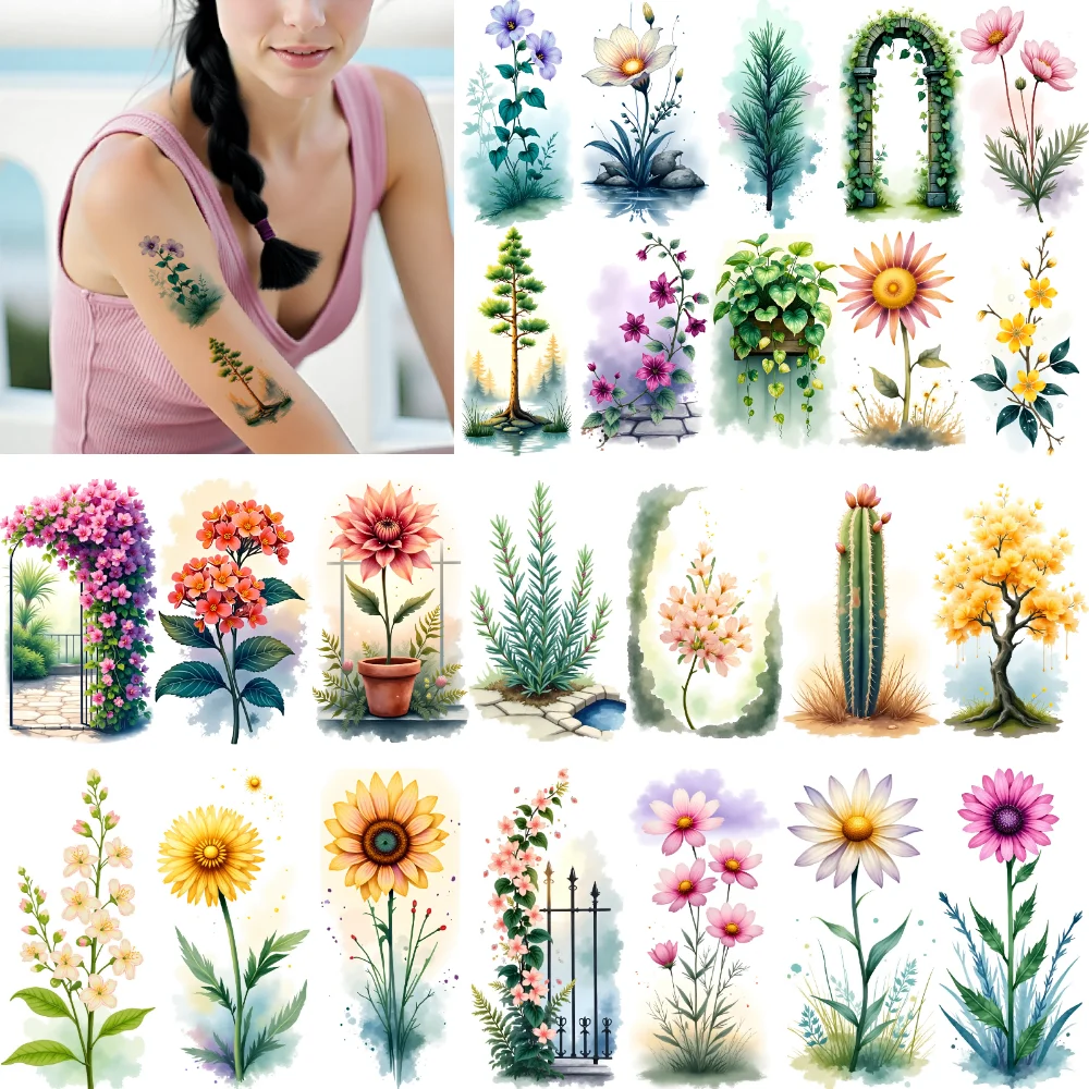 

9 шт. временные татуировки ворота татуировки водостойкие долговечные наклейки для тела татуировки на дереве цветочные татуировки акварель для плеч