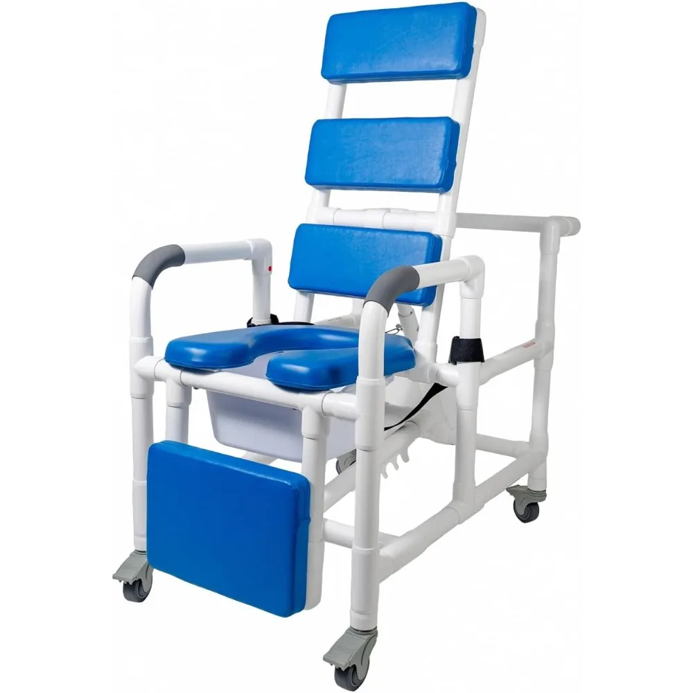 Reclining Shower Chair with (4) Locking Casters, Padded Seat, Back Rest, and Foot Rest, Seat Belt, Commode Pail. 325 lb.