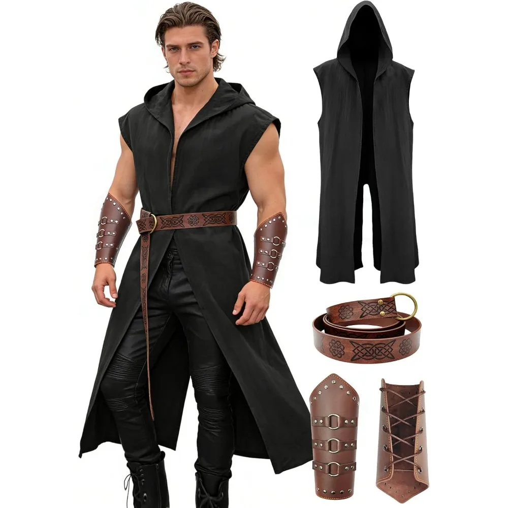 Conjunto de Disfraz Renacentista para Hombre – Disfraz Medieval/Renacentista para Hombre con Sobrecamisa con Capucha, Cinturón de Cuero y Brazaletes