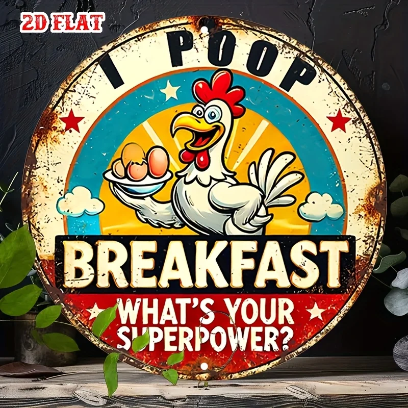 2D flach 1 Stück Vintage Metallschild „I Poop“ Frühstück Aluminium rund Poster lustiges Huhn Design Retro Vintage Look Wandkunst für Bar