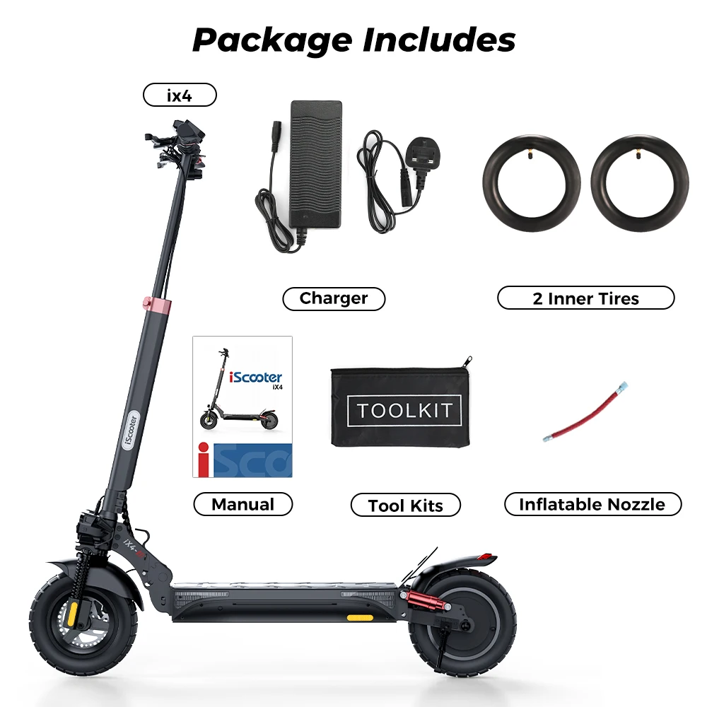 La trottinette électrique IScooter IX-4 est dotée d'un moteur de 800 W, d'une batterie 48 V 15 Ah, d'une autonomie de 40 à 45 kilomètres, d'une vitesse maximale de 45 kilomètres par heure, de freins à disque doubles, d'un design pliable, d'une capacité tout-terrain et d'une application dédiée.