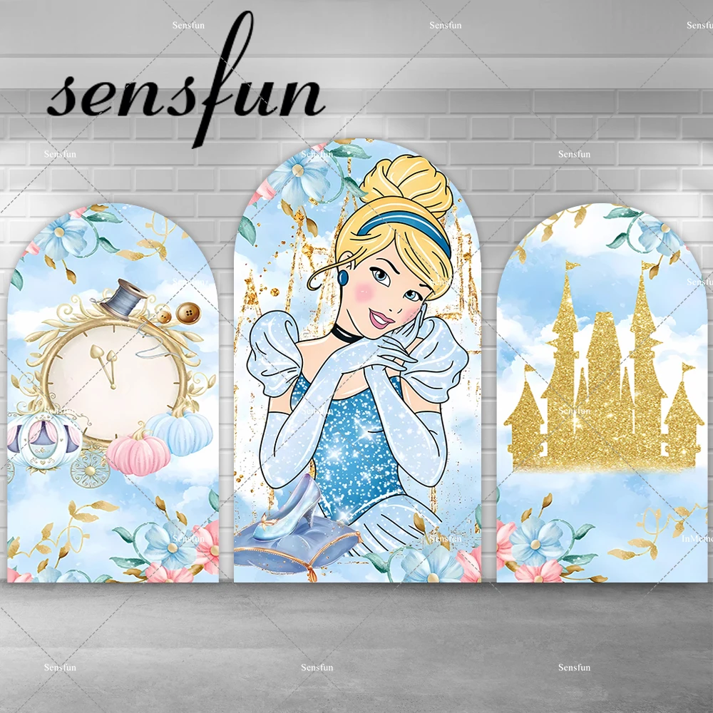 

Disney Princess Cinderella Arch Backdrop Cover for Girls Baby Shower Birthday Party Decoration Glitter Castle Clock Backgrounds