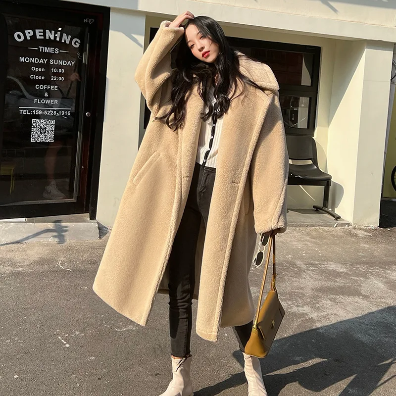 

2024 Winter Women Mid-length Faux Lamb Wool Fur Coat Turndown Collar Double-breasted Long Sleeve Thicken Warm Faux Fur Overcoat