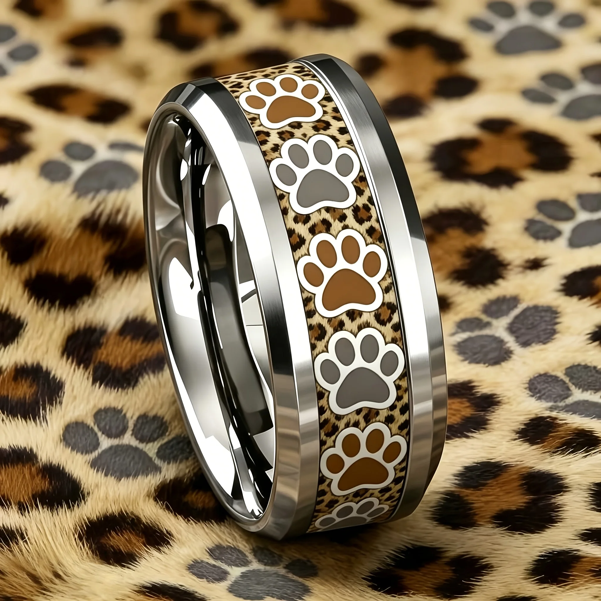 Cute Leopard Print & Cat Paw Pattern Ring Fashion Stainless Steel Rings For Women Men Wedding Band Jewelry Gift For Pet Lover's