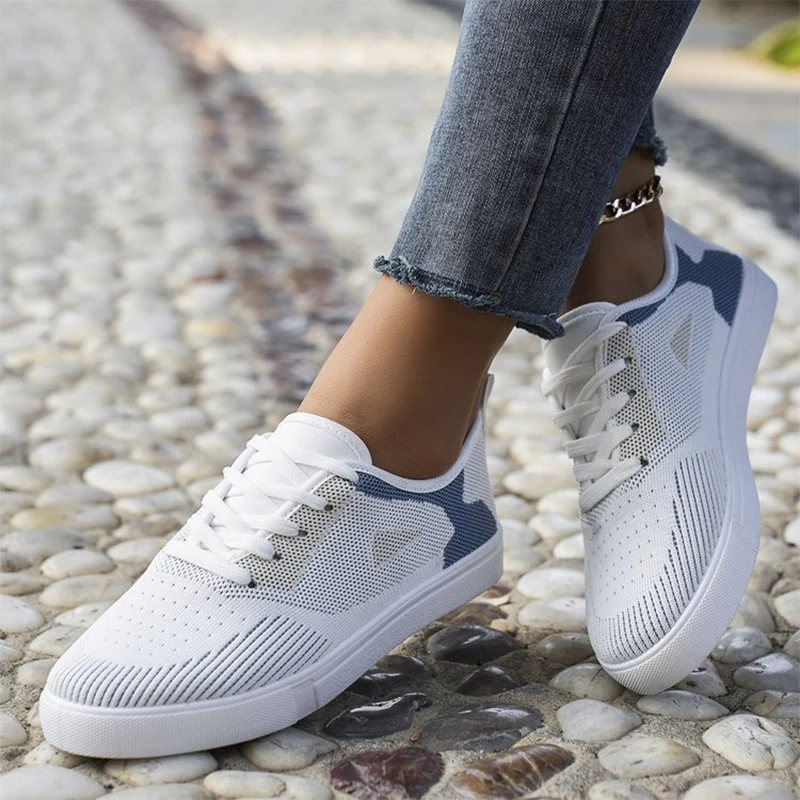 

Concise Flat Heel Sports Shoes for Women Knitted Breathable Mesh Casual Shoes Woman Lightweight Lace Up Vulcanize Shoes Mujer
