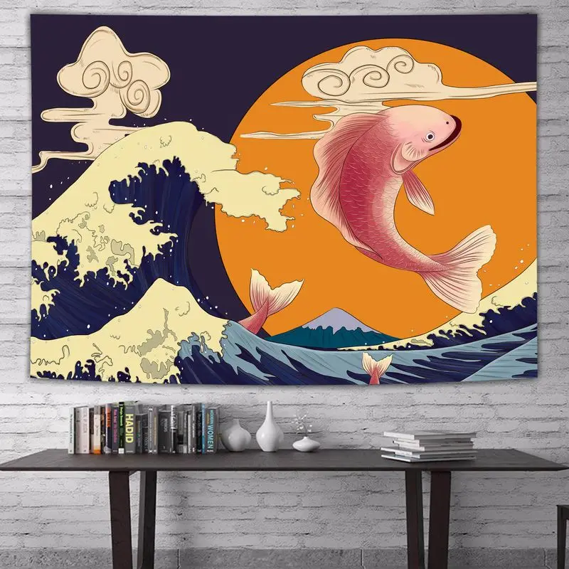 VIKAMA Japanese Ukiyo-e Tapestry, Oriental Vintage Wall Decor Polyester Backing Fabric, Interior Wall Decor