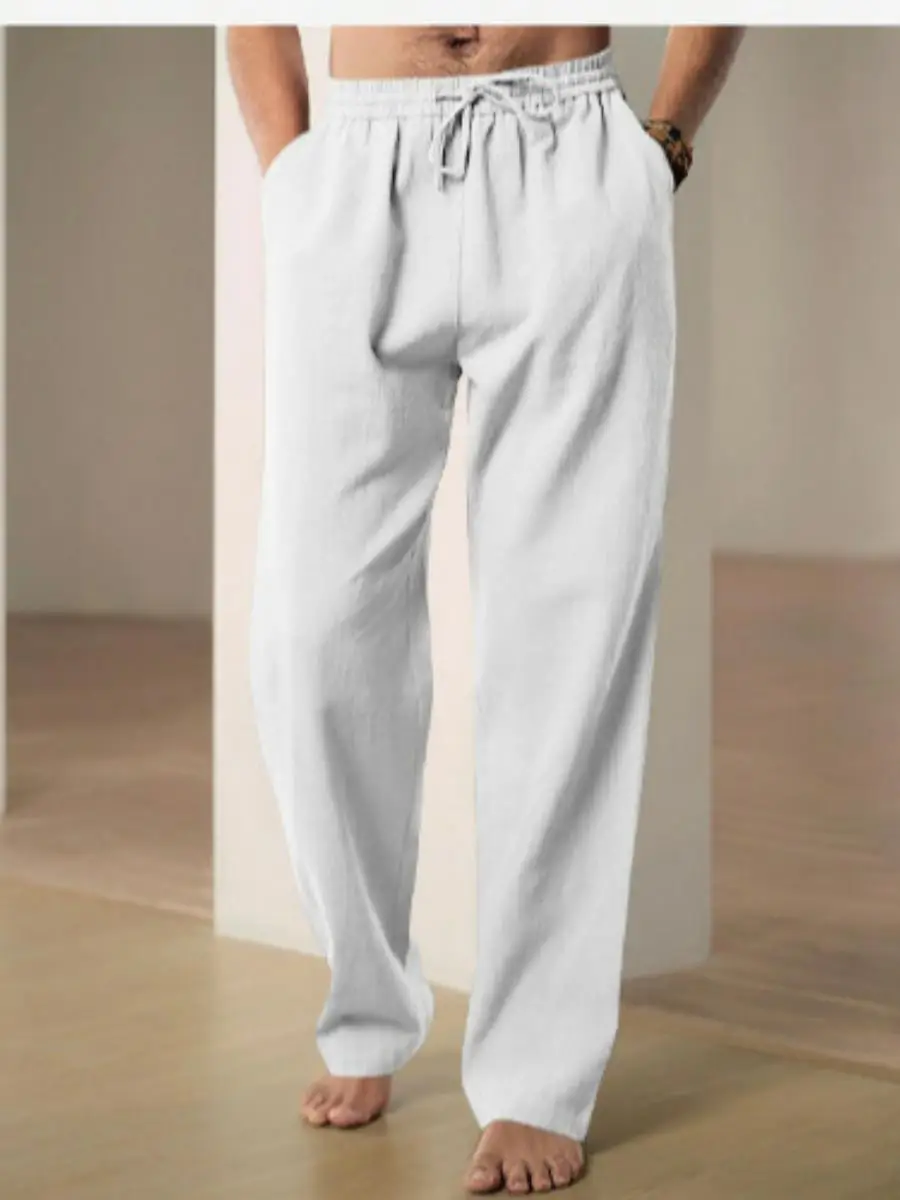 

Мужские повседневные льняные спортивные брюки, весна-лето, новые дышащие свободные брюки с высокой талией, прямые брюки без стрейч, Thiened Winter