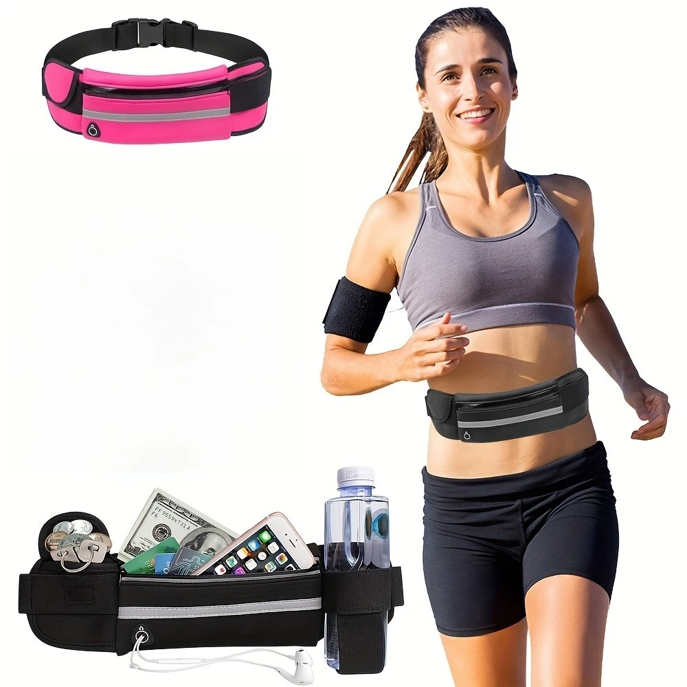 حقيبة خصر للجري مقاومة للماء باللون الوردي مع حامل هاتف مقاوم للصدمات وجيب زجاجة مياه، مناسبة للياقة البدنية في الهواء الطلق وركوب الدراجات