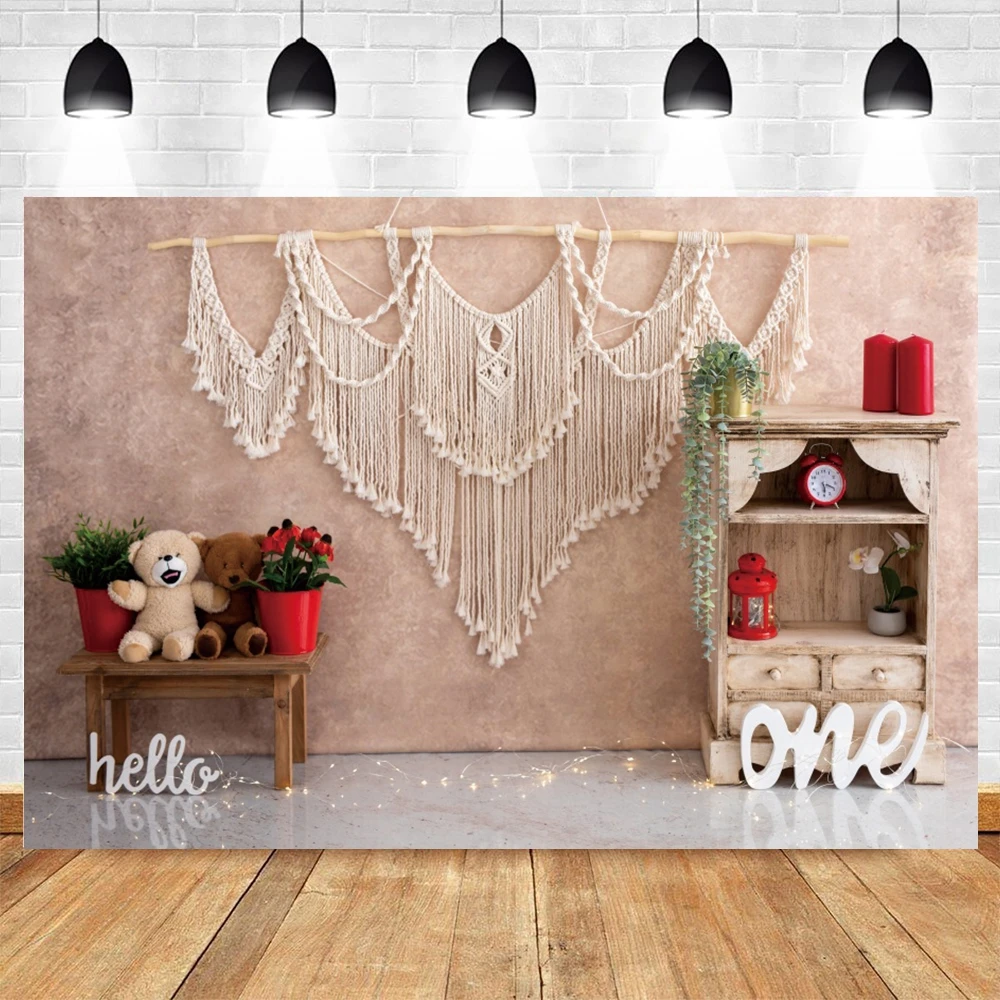 Boho Baby Shower 1st Birthday Party Photography Backdrop Bohemian Tassel Tent Interior Newborn Cake Smash Photo Background Decor