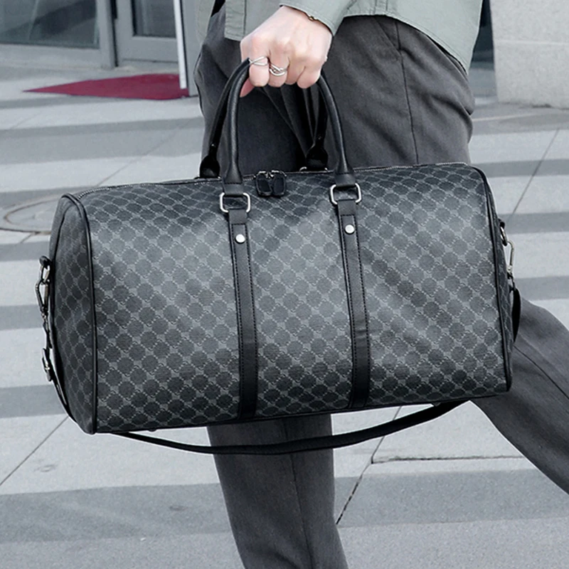 メンズブラックトラベルバッグ大容量ビジネストラベル荷物バッグクラシックフルボディプリントハンドバッグショルダーバッグ男性用サック