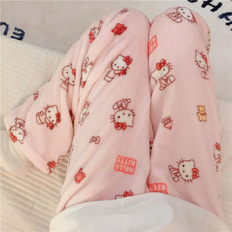 New Hello Kitty Plush Soft Women\'s Sleepy Pants Homewear Casual Walking Pants, Oversize Cute Cartoon Flannel Sleep Bottoms