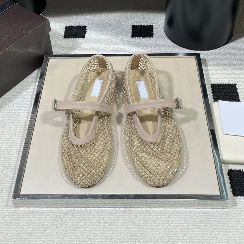 Sandalias Mary Jane de Diseñador, Originales, de Cuero Genuino, con Pedrería y Malla Calada, Transpirables, Tipo Bailarina